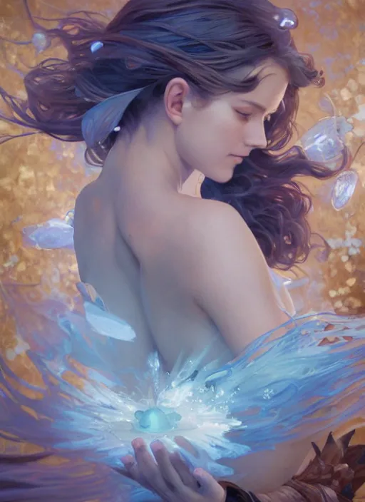 Image similar to cinderella, blue, splash aura in motion, floating pieces, painted art by tsuyoshi nagano, greg rutkowski, artgerm, alphonse mucha, spike painting