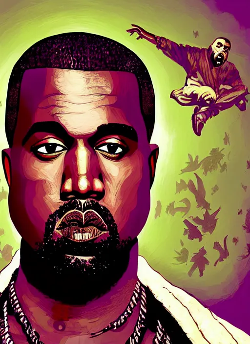 Image similar to portrait of kanye west stars in the sky fairies with detailed faces enchanted forest mushrooms on the ground psychedelic wide angle shot white background vector art illustration gears of war illustration gta 5 artwork of kanye west, in the style of gta 5 loading screen, by stephen bliss by hieronymus bosch and frank frazetta