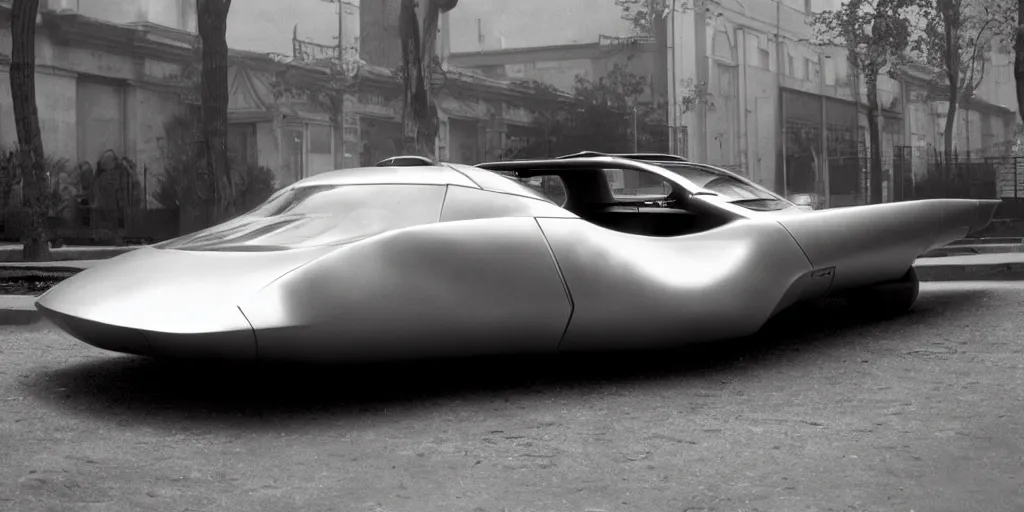 Image similar to a vintage sci fi futuristic car