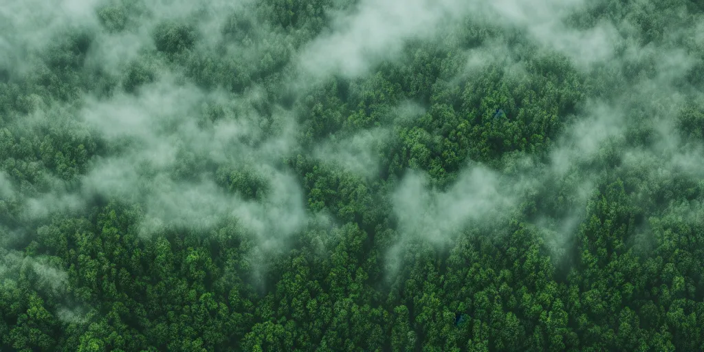 Image similar to aerial photograph of calming fog over the woods on a mountain, green, photorealistic