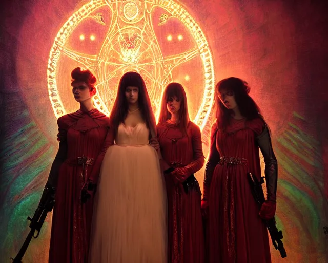 Prompt: three soldiers with beautiful angelic faces, wearing psychedelic wicca, in wedding dresses, red neon weapons, full body, dark and mysterious, atmospheric, ominous, eerie, cinematic light, epic, 8 k 3 d, ultra detail, ultra realistic, by wlop, by mucha, by giger