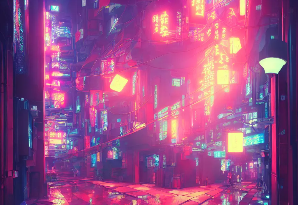 Image similar to a futuristic cyberpunk japanese izayaka alley with neon lights and lanterns, soft glow, intricate, cybernetic, trending on artstation, octane render, colorful, by rossdraws and makoto shinkai