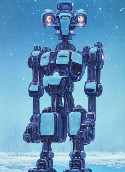 Image similar to an intricate oil painting of a giant pristine icey blue metal anime humanoid mecha with rounded components by simon stalenhag, icey tundra background