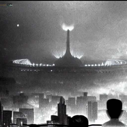 Prompt: Kaiju Starro vs Kim Jong-il, fog, Ishirō Honda, vintage movie shot, Orson Welles, fog, night, missile explosions