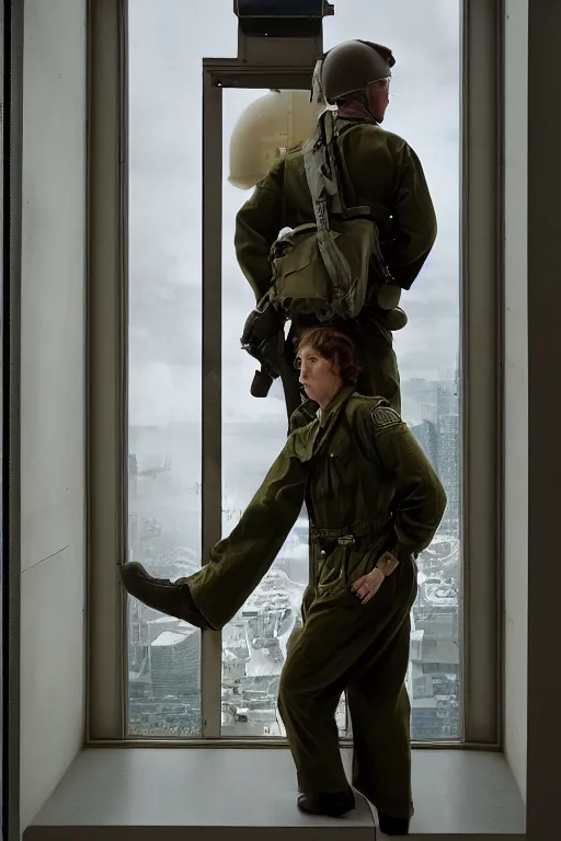 Image similar to kodak portra 5 0 mm f 4 full body portrait photography of a wwii airborne infantry soldier who's a mix of gillian anderson and adam driver, looking exhausted, setting is inside a sci fi megastructure tower looking out a window, photo by erwin olaf