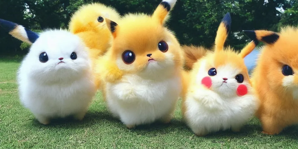 Prompt: real life pokemons, cute!!!, content!!!, mischievous!!!, adorable!!!, chubby!!!, fluffy!!!, ultra realistic!!!, summer, windy, warm, 3 0 0 0 kelvin, golden hour, sharp focus