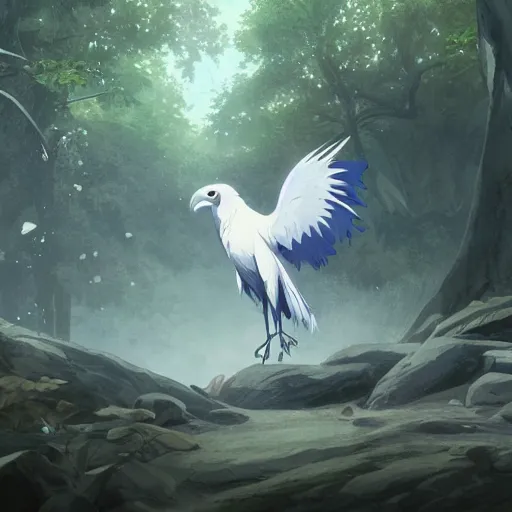 Image similar to concept art painting of an anthropomorphic humanoid white raven wearing dark blue robes, in the deep forest, realistic, detailed, cel shaded, in the style of makoto shinkai and greg rutkowski and james gurney