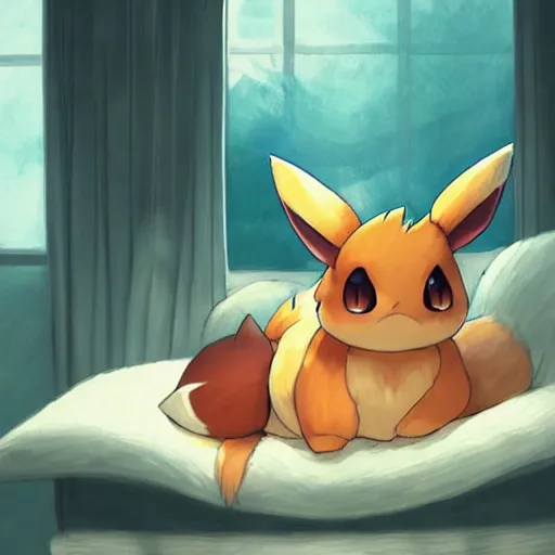 Prompt: a chubby eevee pokemon sleeping on a couch cushion, slanted lighting from window, dust motes in air, cozy vibe, artwork by ross tran