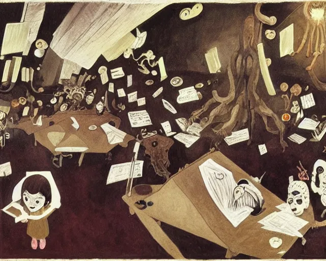 Image similar to the horror of beaurocracy, papers, horror, desks, office, waiting, stress, frustration, anger, crowded, harsh cinematic lighting, high qulity, 4 k, by charles addams and hilma af klint and affandi