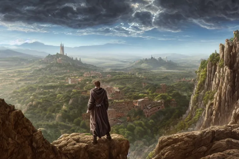 Image similar to an ultra detailed matte landscape painting of an extremely tall and strong young man with short brown hair standing on a cliff overlooking a medieval capital built on top of many hills, italian renaissance architecture, ultrawide lense, aerial photography, 8 k, volumetric lighting, smooth, highly detailed, digital illustration, art by kentaro miura and akira toriyama and artgerm