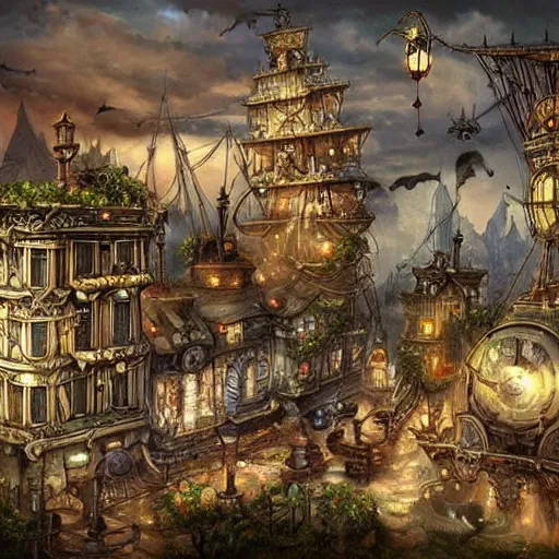 Prompt: Steampunk City places i wish were real pirate fashion nekclace clothing gothic fantasy artwork concept art landscape pretty plac village. Extremely Detailed.