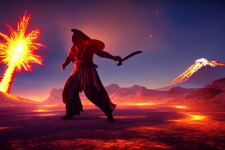 Prompt: levitating sorcerer wielding a sword, opening a shining portal, night sky, horizon of an erupting volcano, unreal engine