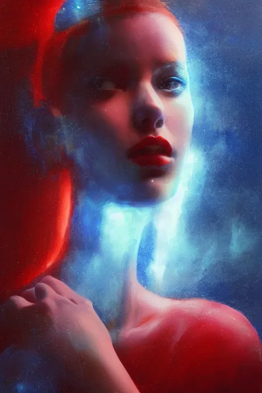 Image similar to 3 d, sci - fi, morning, sleepy fashion model face, sun, cinematic, lightning clouds, vogue cover style, light red and deep blue mood, realistic painting, intricate oil painting, high detail, figurative art, multiple exposure, poster art, 3 d, stanley kubrick, by tooth wu and wlop and beeple and greg rutkowski