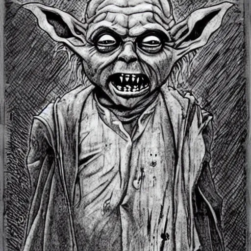 Prompt: zombie yoda, yoda as a zombie, hieronymus bosch, zombified, scary