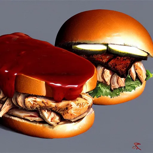 Image similar to a tender chicken sandwich covered in barbecue sauce, Greg Rutkowski