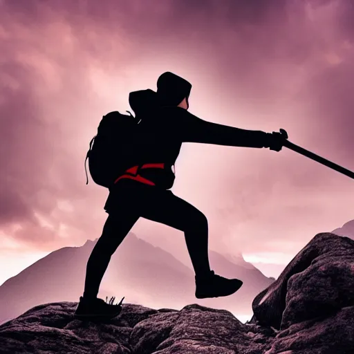 Prompt: person with hoodie walking up a mountain with a backpack that has katanas on the sides, anime, amazing composition, astonishing detail, smooth lines, beautiful scenery