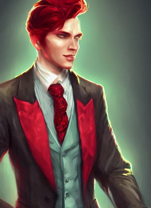 Image similar to a highly detailed illustration of stylish top hat wearing red haired attractive man, wearing suit vest, flashy card trick pose, intricate, elegant, highly detailed, centered, digital painting, artstation, concept art, smooth, sharp focus, league of legends concept art, WLOP