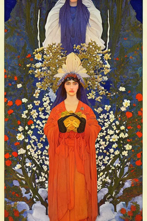 Image similar to queen of flowers in the snow, by Nicholas Roerich and Annie Swynnerton and Diego Rivera and John William Godward, dramatic cinematic lighting , ornate headdress , flowing robes, sacred artifacts, lost civilizations, smooth, sharp focus, extremely detailed