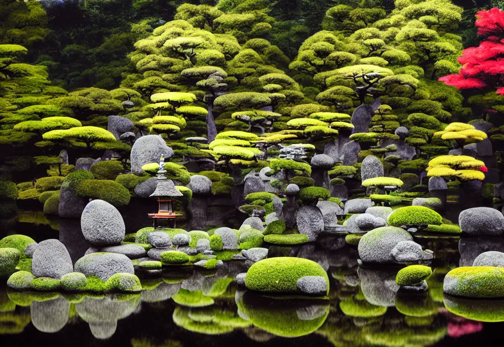 Image similar to serene beautiful temple rock garden kyoto, japan, a collage painting, in the style of wes anderson, lola dupre, david hockney, isolated on negative white space background dark monochrome fluorescent neon spraypaint accents volumetric octane render