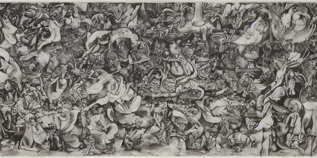 Image similar to multilayer last supper full color gradient pattern of escher style 3 6 0 panorama with hieronymus bosch style bubbles, unfinished, very detailed