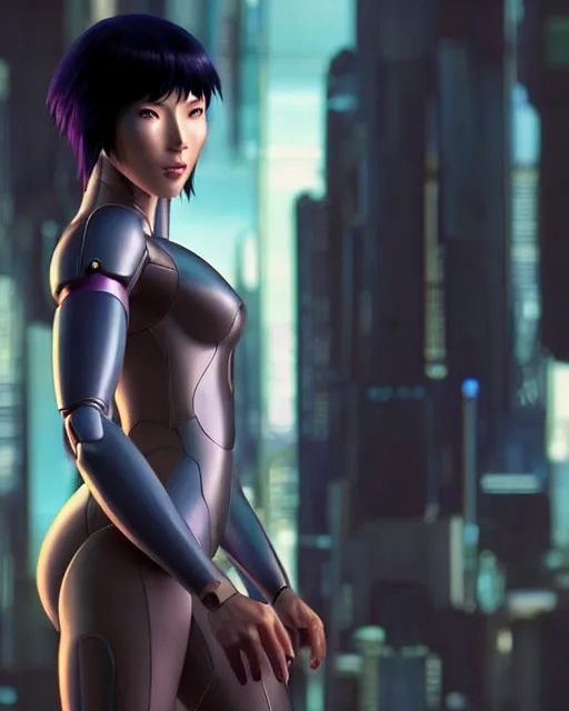 Image similar to weta disney pixar movie still portrait photo of motoko kusanagi ghost in the shell : : as cyborg woman by pixar : : by weta, greg rutkowski, wlop, ilya kuvshinov, rossdraws, artgerm, marvel, maxim cover, latex, octane render, sweaty, iridescent, bright morning, anime, liosh, mucha : :
