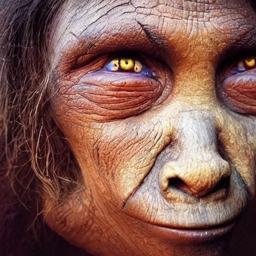 Prompt: “ a primitive pre-human woman Neanderthal looking deeply to the camera, blue eyes, smiling, anthropology photography, color kodakcrhome 64,National Geographic ”