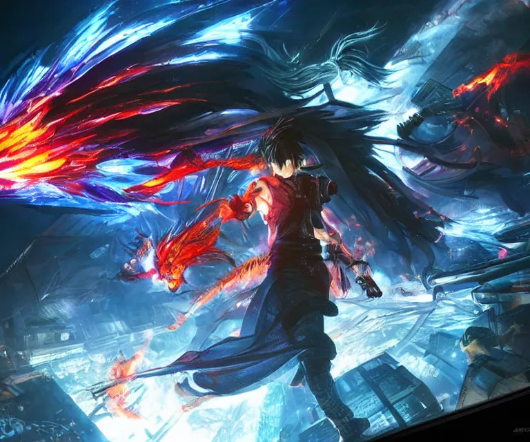 Image similar to neo tokyo, high fantasy, final fantasy, concept art, video game, phoenix flames