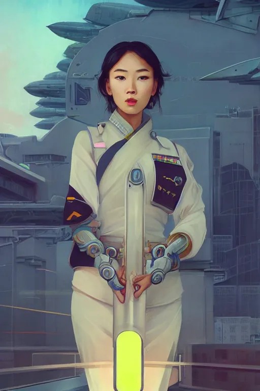 Image similar to portrait futuristic asian airforce girl, looking at the camera, expressive pose, symmetrical face, in future airport rooftop , sci-fi, fantasy, intricate, very very beautiful, elegant, human anatomy, neon light, highly detailed, digital painting, artstation, concept art, smooth, sharp focus, illustration, art by tian zi and WLOP and alphonse mucha