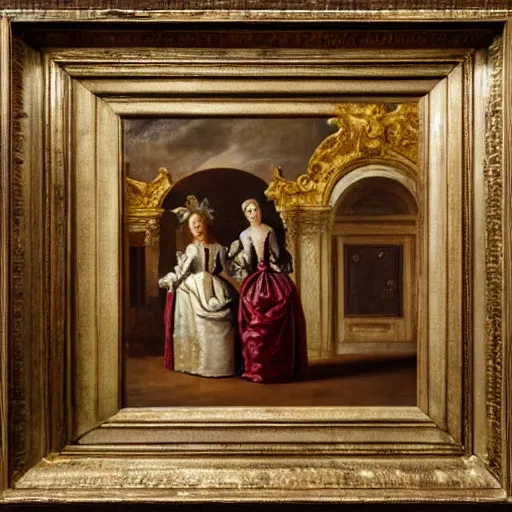 Image similar to oil on canvas. two women in a vast castle lobby wearing fine clothes. dark room with light coming through the right side of the place. baroque style 1 6 5 6. high quality painting, no distortion on subject faces.