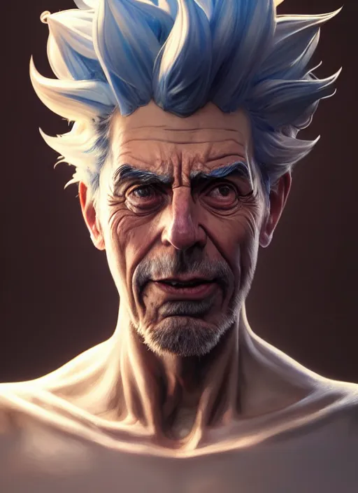 Prompt: concept art by artgerm, amazingly beautiful portrait of a hyper realistic, frowning, sad rick sanchez by greg rutkowski, artgerm, alphonse mucha, concept art, octane render, highly detailed, high quality, 8 k, soft lighting, path traced, and uang guangjian and gil elvgren, symmetry!!