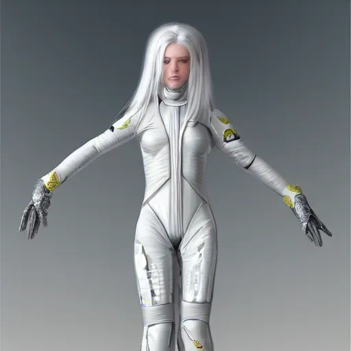 Image similar to beautiful white haired woman dressed in see through space suit in the style of zezhou chen highly detailed, smooth, sharp focus