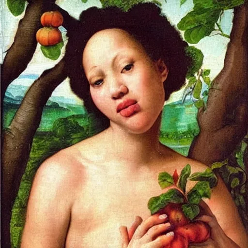 Image similar to beautiful multiracial woman eating an quince from a tree in the garden of eden, realistic renaissance master genius painting