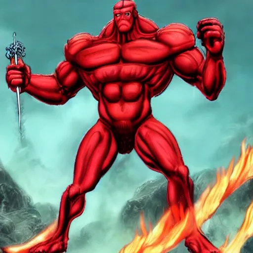 Prompt: colossus titan red and fire