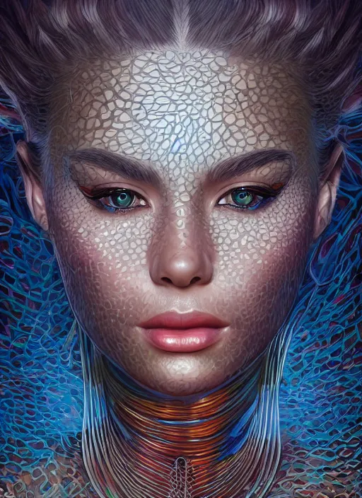 Prompt: portrait of psychedelic woman surrounded by iron scales by Artgerm, highly detailed, trending on artstation