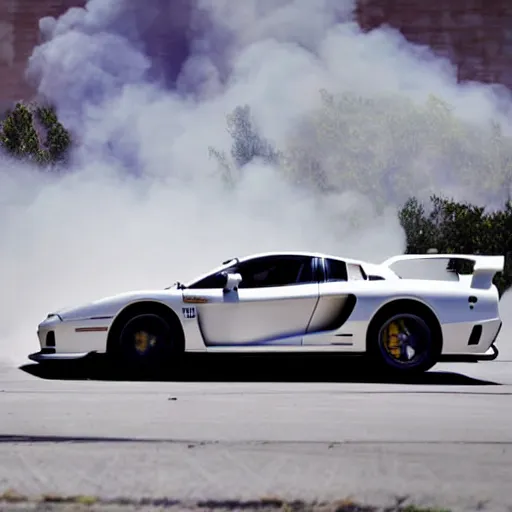 Prompt: a white saleen s7, smoke billowing, track marks on pavement, album cover, high detail