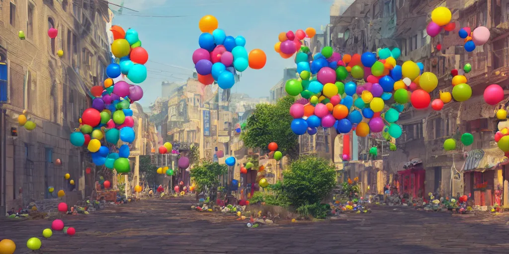 Prompt: a city street where everything is made from tiny inflatable balloons, hyper real, trending on Art Station, Octane render