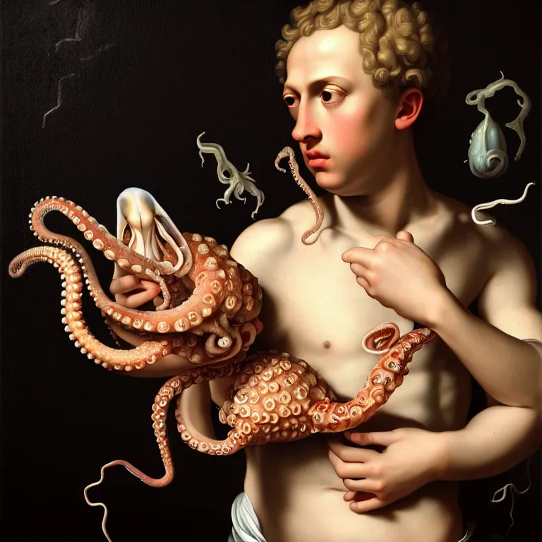 Image similar to young white man standing in a shell, holding a squid, octopus, sea in the background, beautiful baroque portrait painting, beautiful detailed intricate insanely detailed octane render trending on Artstation, 8K artistic photography, photorealistic, chiaroscuro, Raphael, Caravaggio