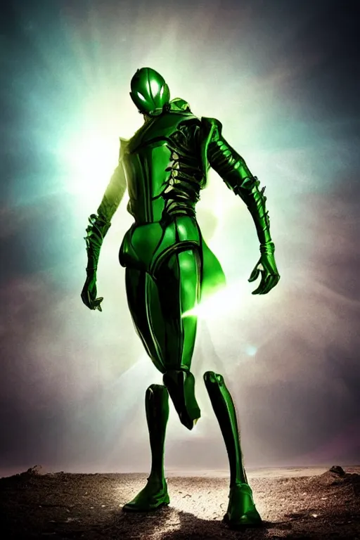 Prompt: mantis-man, character poster, dramatic lighting, atmospheric dust, green lens flare