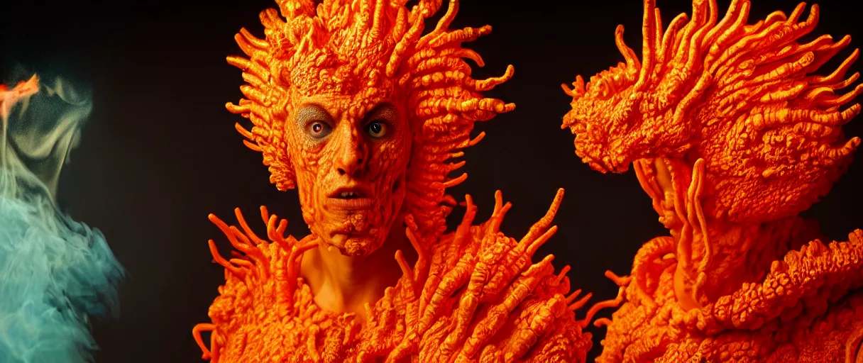 Image similar to hyperrealist highly detailed english medieval portrait of high fashion monster wearing flame fire smoke flame armor, radiating atomic neon corals, concept art pascal blanche dramatic studio lighting 8k wide angle shallow depth of field