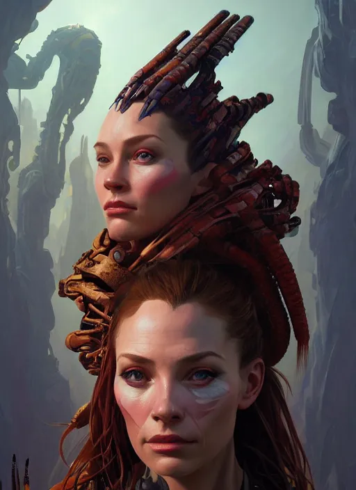 Image similar to asymmetrical!! portrait of an alien with large tubes in face in the style of, machine face, intricate, elegant, highly detailed, digital painting, artstation, concept art, smooth, sharp focus, illustration, art by artgerm and greg rutkowski and alphonse mucha, horizon zero dawn 8 k