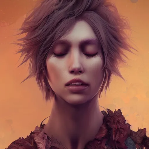 Prompt: ` portrait of a $ { age } $ { gender } human with $ { haircolor } hair and $ { skincolor } skin closed eyes fantasy artwork epic detailed and intricate digital painting trending on artstation by wlop octane render `