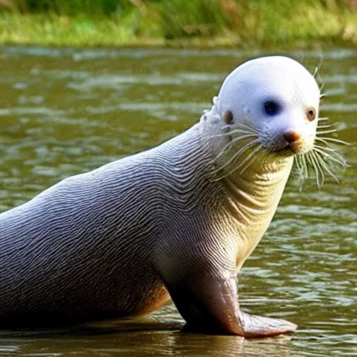 Image similar to bipedal albino amphibious otter seal alien creature with big eyes and a fat tail, speculative biology, big eyes