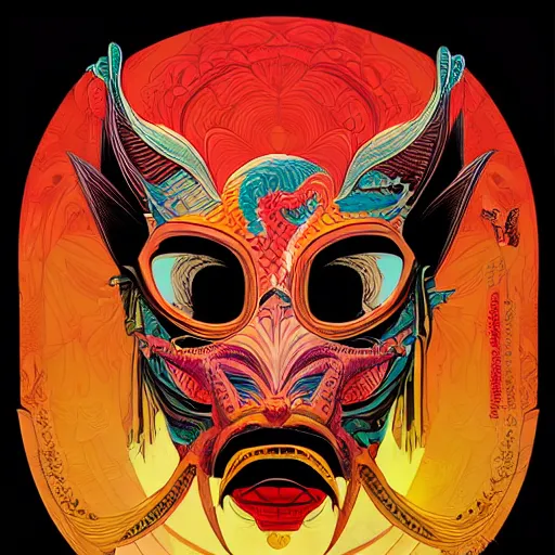 Prompt: Tristan Eaton, victo ngai, artgerm, symmetrical dragon mask, filled with anger and disgust