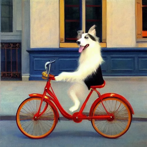 Image similar to young border collie dog riding a bike in paris. edward hopper. faithfully depicted, sharp focus, global illumination, radiant light, detailed and intricate environment, trending on artstation