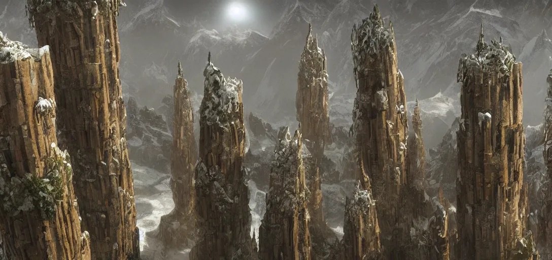 Prompt: massive, cylindrical fantasy tower with many levels, embedded into the snowy mountains. 4K. Many intrincate details.
