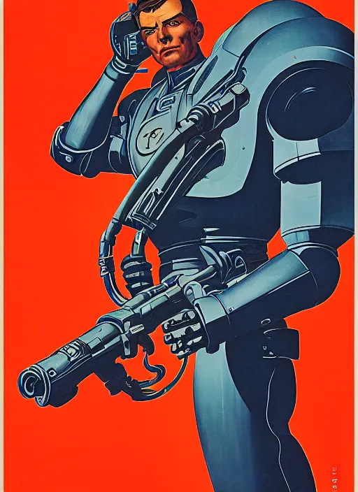 Image similar to soviet propaganda poster. cyberpunk mech pilot. portrait by jean giraud and anton otto fischer and john philip falter and will eisner and gil elvgren. realistic proportions. character art. science fiction d & d. tf 2, overwatch, rb 6 s, cyberpunk 2 0 7 7, blade runner 2 0 4 9.