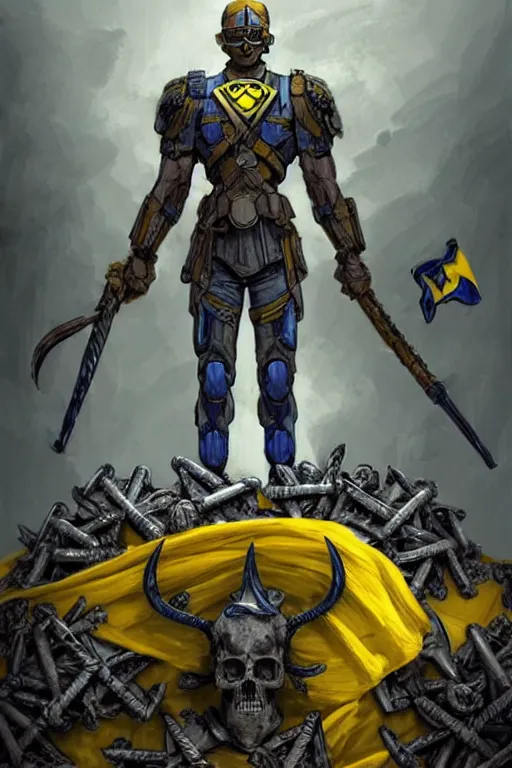 Image similar to a distant shot of a super soldier with blue and yellow flag and a trident symbol standing alone on a huge pile of skulls as a winner, masculine figure, D&D, fantasy, intricate, elegant, highly detailed, extremely detailed, digital painting, artstation, concept art, matte, smooth, sharp focus, hyperrealistic, illustration, art by Artgerm and Greg Rutkowski and Alphonse Mucha