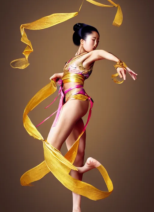 Image similar to full body portrait of a dancer throwing silk belts, feet, barefoot, full body, slightly tanned, vivacious, extremely beautiful, gold jewelry, hanfu, chinese ribbon dance, wide ribbons, silk belt, ming dynasty, detailed, realistic face, anatomically accurate, fantasy illustration, dnd, artstation, wlop.