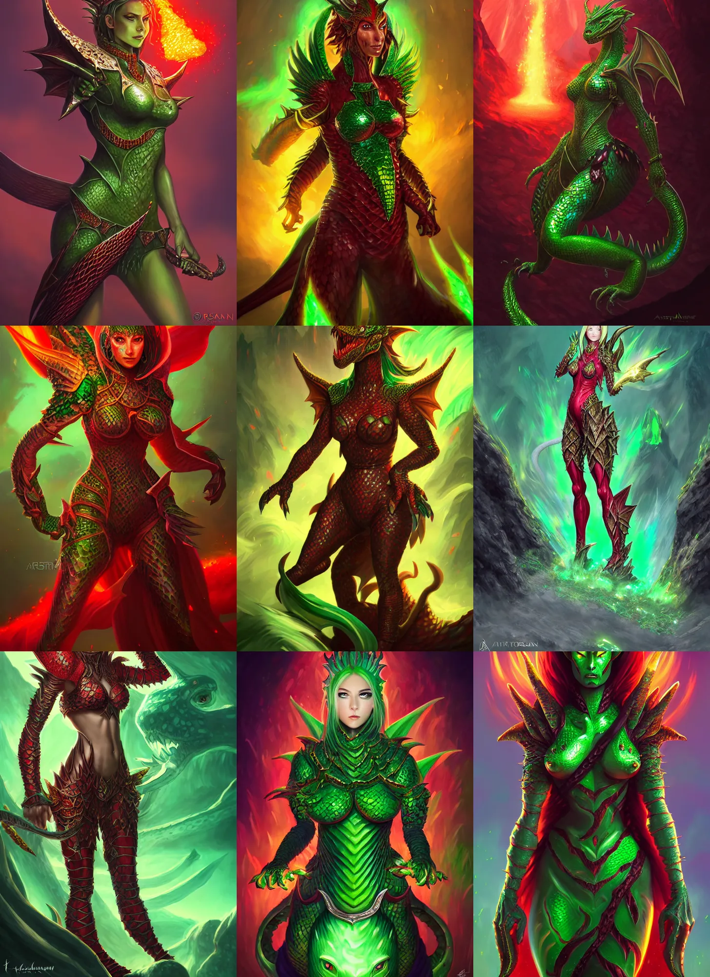 Prompt: full body portrait of a dragonkin woman, in a volcano, shiny green scales, plate red armor, red reptilian eyes, high fantasy, dnd, face details, extremely detailed, smooth, sharp focus, digital illustration, by artgem, rossdraws, sakimichan