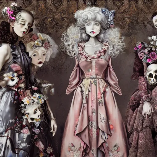 Image similar to 8k, HD, realism, high octane render, renaissance, rococo, baroque, group of creepy young ladies wearing long harajuku manga dress with flowers and skulls, background chaotic flowers